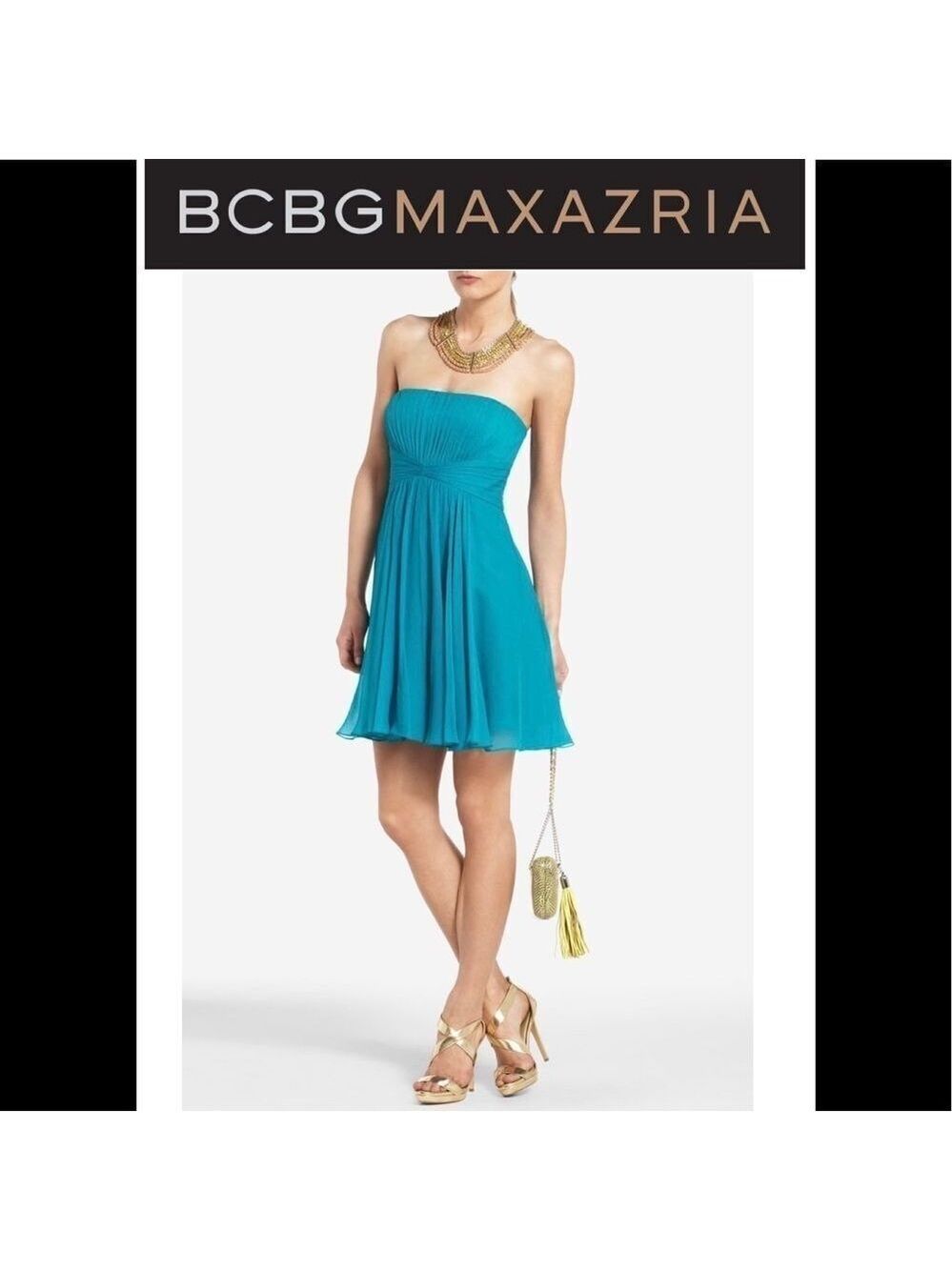 BCBGMAXAZRIA teal blue silk strapless sweetheart sleeveless dress size 8